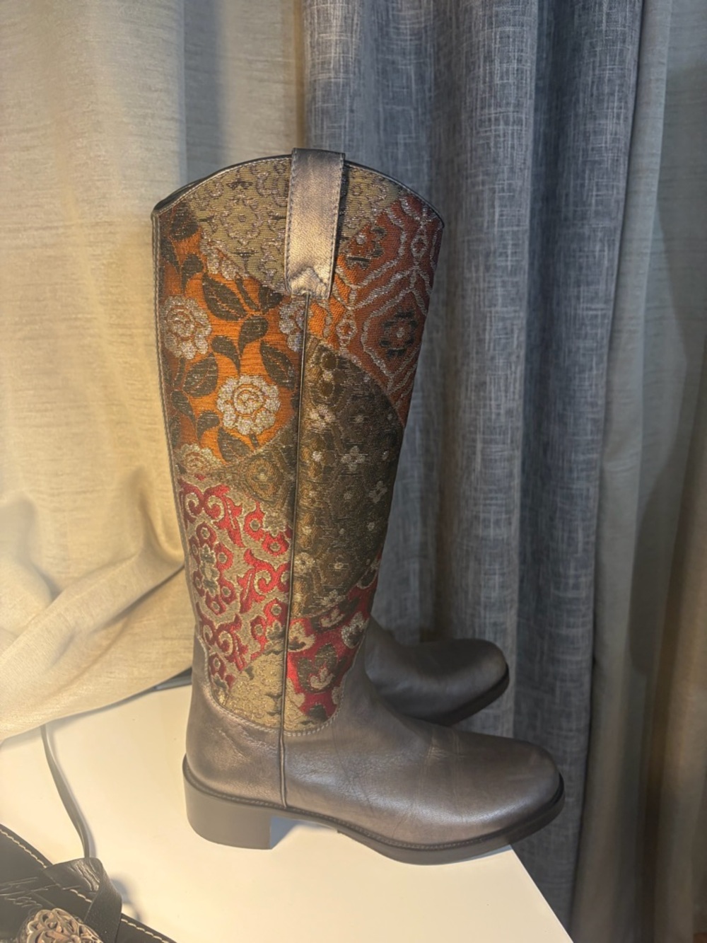 Donald J. Pliner Metallic Silver Leather and Multicolor Brocade Knee Boots - Picture 10 of 11